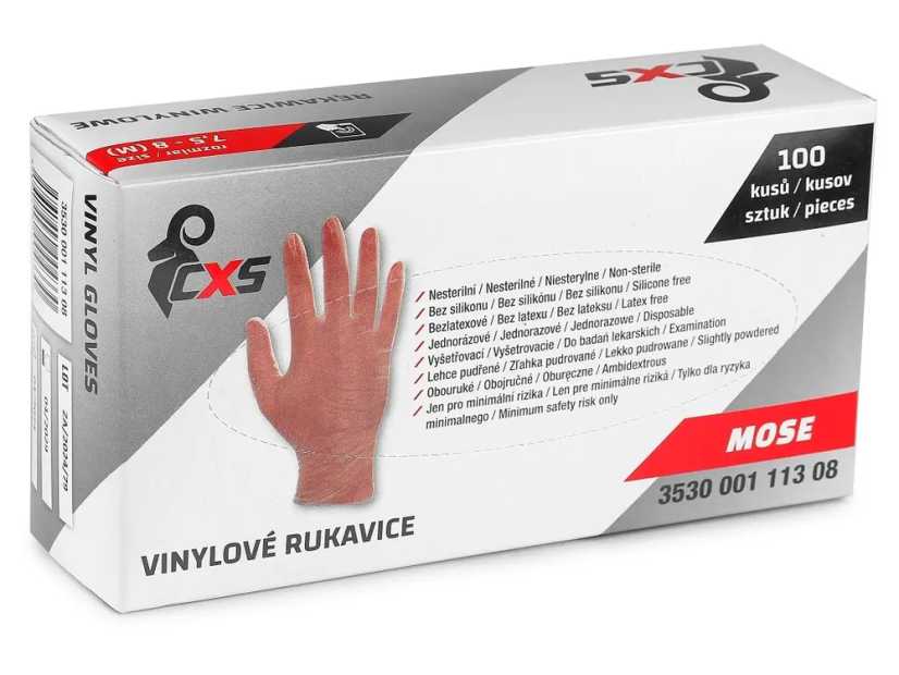 CXS rukavice MOSE, jednorázové, vinyl, transparentní, lehce pudřené/100 ks vel. M (8)